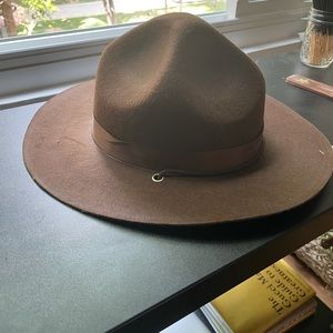 Brown, felt, fedora style hat with straps